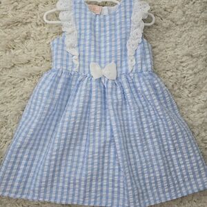 Blue and White Gingham Kids Dress with Lace Trim
